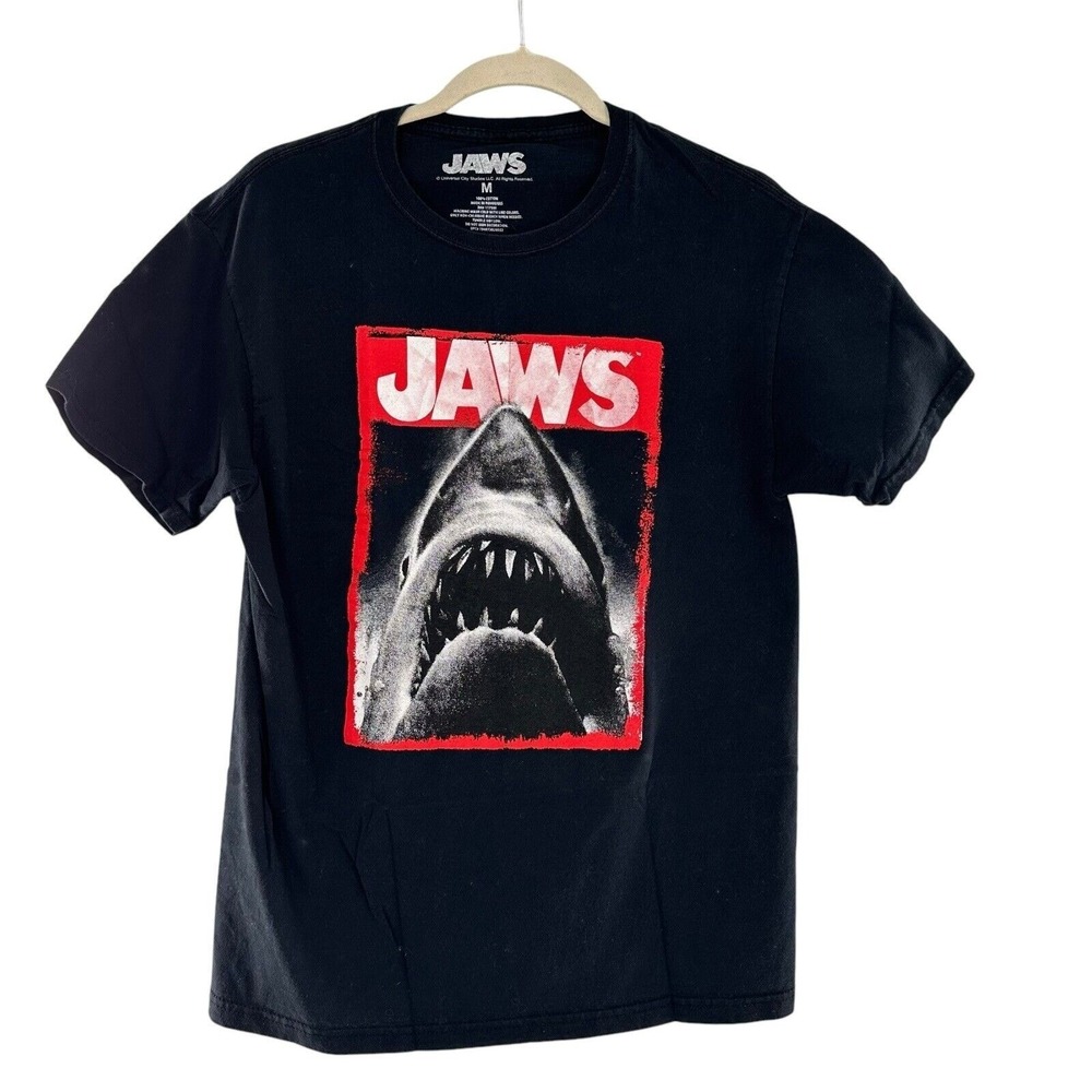 Jaws Black‎ Graphic T-Shirt Medium Shark Universal City Studios Cotton Movie Tee